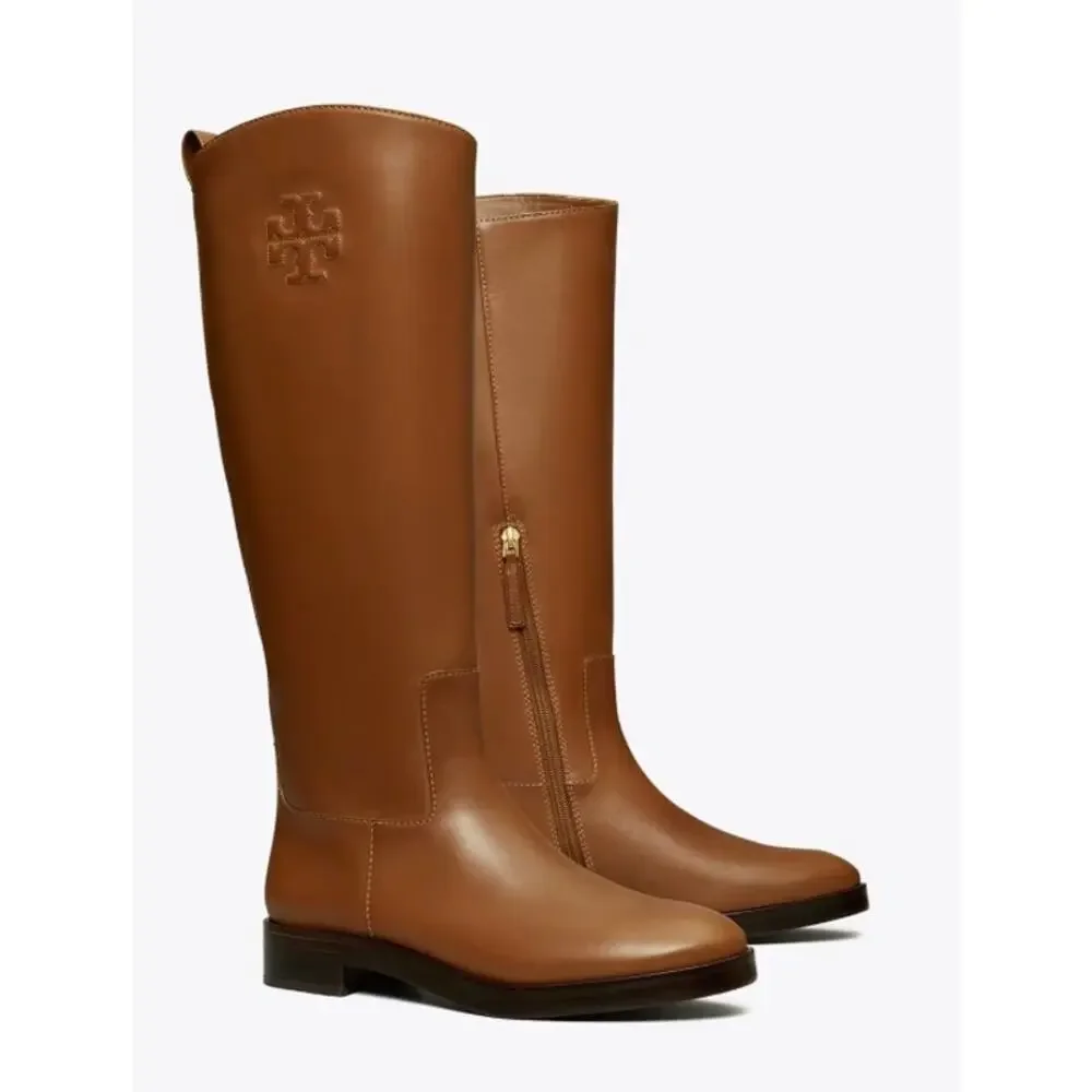 Tory Burch Riding‎ Logo Embossed Leather Knee High Boots Brown 10.5